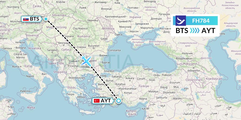 FH784 Freebird Airlines Flight Map: Bratislava to Antalya