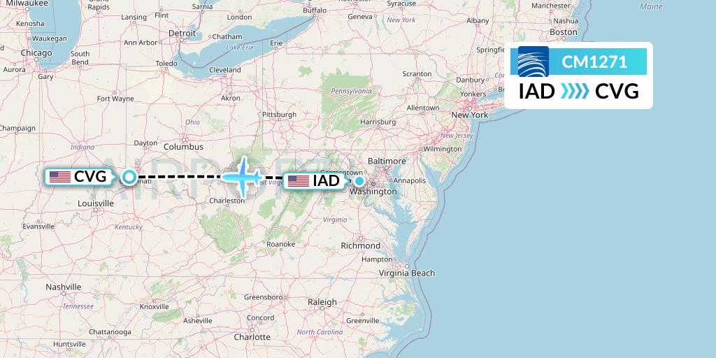 CM1271 Copa Airlines Flight Map: Washington to Cincinnati