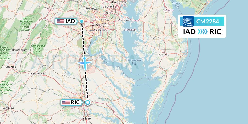 CM2284 Copa Airlines Flight Map: Washington to Richmond