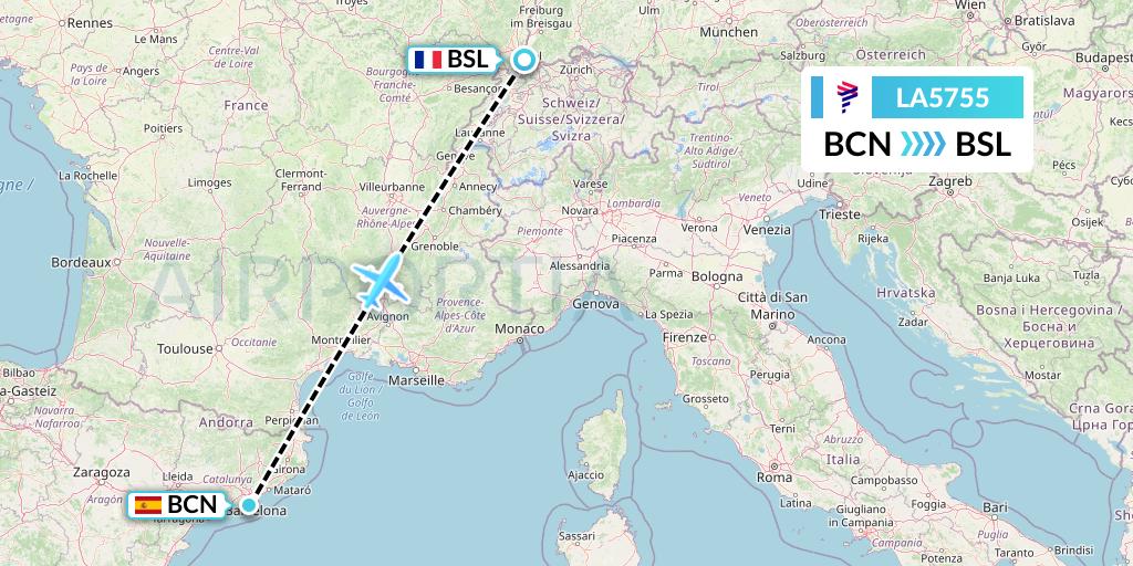 LA5755 LAN Airlines Flight Map: Barcelona to Basel