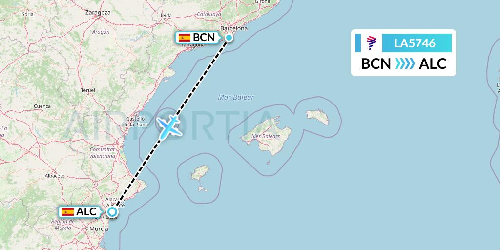 LA5746 LAN Airlines Flight Map: Barcelona to Alicante