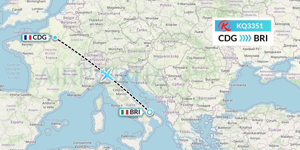 KQ3351 Kenya Airways Flight Map: Paris to Bari
