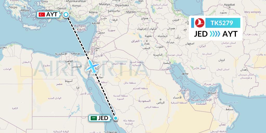 TK5279 Turkish Airlines Flight Map: Jeddah to Antalya