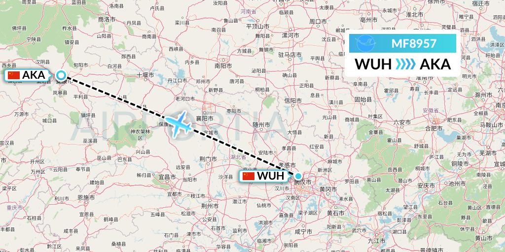 MF8957 Xiamen Airlines Flight Map: Wuhan to Ankang