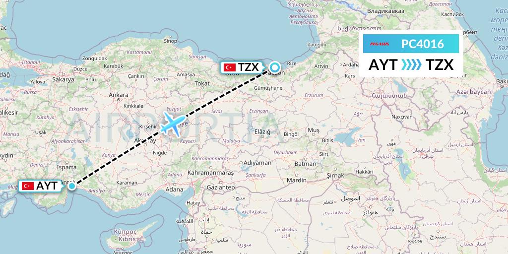 PC4016 Pegasus Airlines Flight Map: Antalya to Trabzon