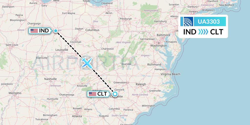 UA3303 United Airlines Flight Map: Indianapolis to Charlotte