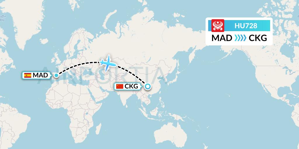 HU728 Hainan Airlines Flight Map: Madrid to Chongqing