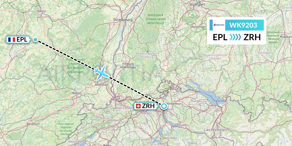WK9203 Edelweiss Air Flight Map: Epinal-Mirecourt to Zurich