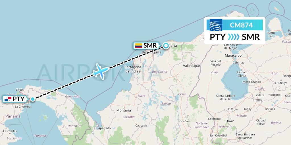 CM874 Copa Airlines Flight Map: Panama City to Santa Marta