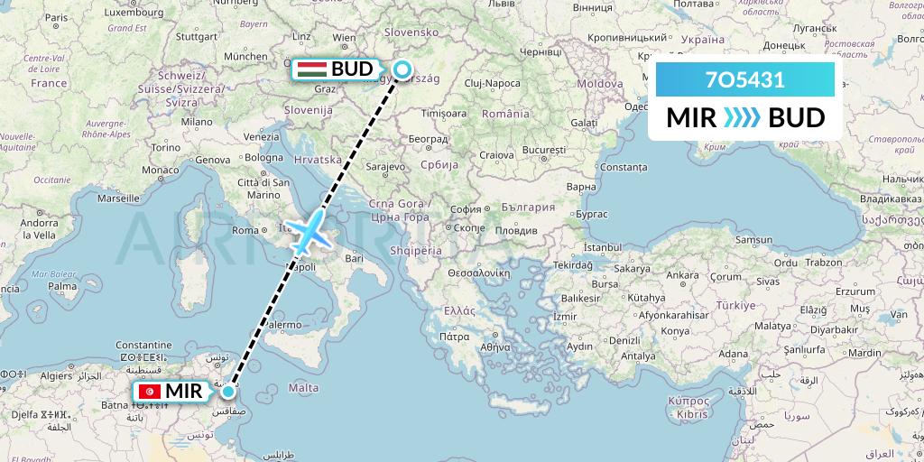 7O5431 Travel Service Hungary Flight Map: Monastir to Budapest
