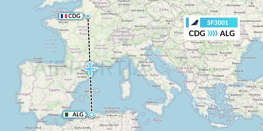 SF3001 Tassili Airlines Flight Map: Paris to Algiers