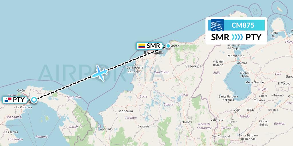 CM875 Copa Airlines Flight Map: Santa Marta to Panama City