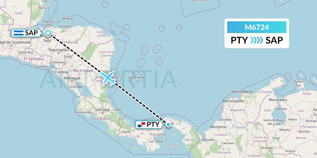 M6724 Amerijet International Flight Map: Panama City to San Pedro Sula