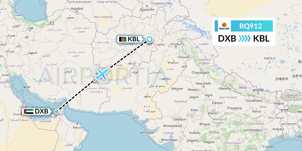 RQ912 Kam Air Flight Map: Dubai to Kabul