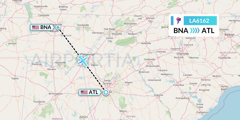 LA6162 LAN Airlines Flight Map: Nashville to Atlanta