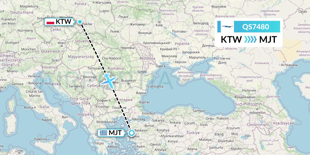 QS7480 Smartwings Flight Map: Katowice to Mytilene