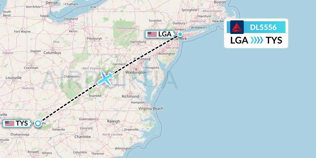 DL5556 Delta Air Lines Flight Map: New York to Knoxville