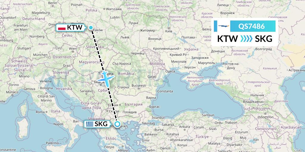 QS7486 Smartwings Flight Map: Katowice to Thessaloniki