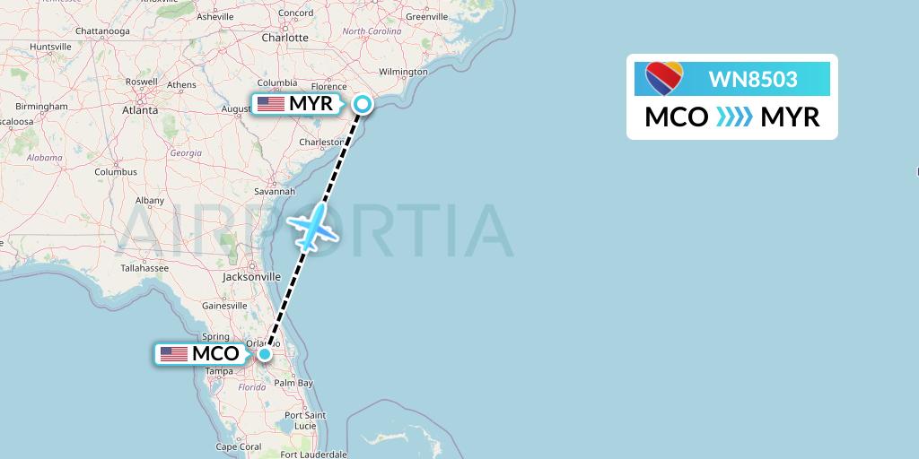 WN8503 Southwest Airlines Flight Map: Orlando to Myrtle Beach