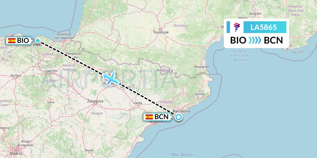 LA5865 LAN Airlines Flight Map: Bilbao to Barcelona