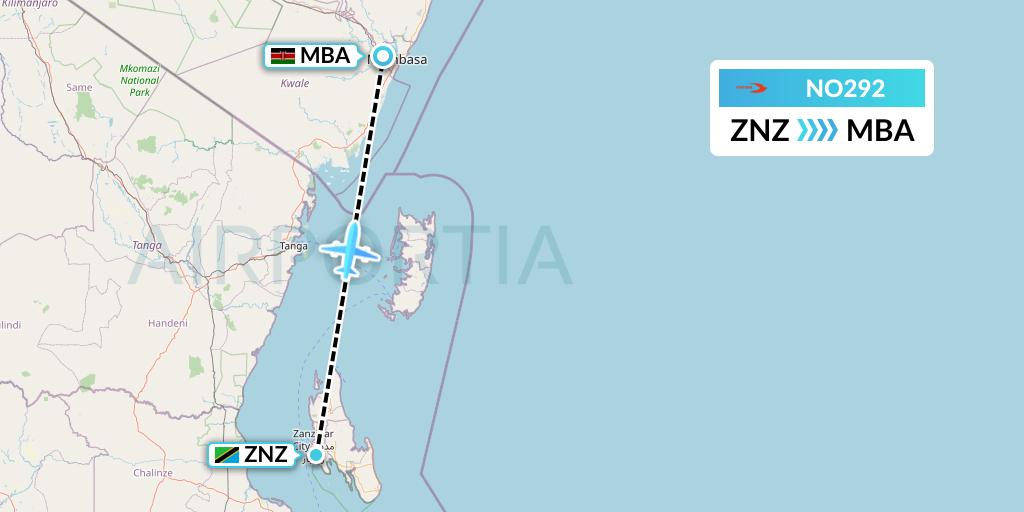 NO292 Neos Flight Map: Zanzibar to Mombasa