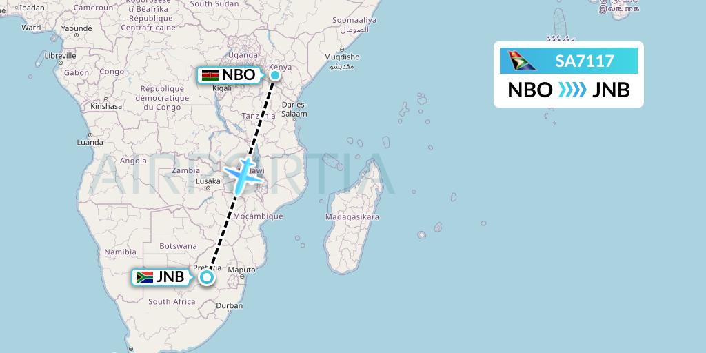 SA7117 South African Airways Flight Map: Nairobi to Johannesburg