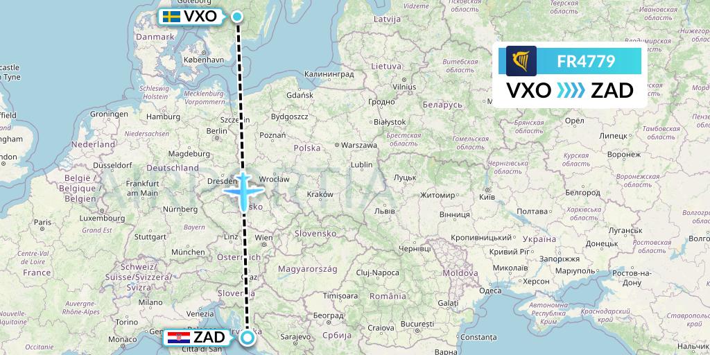 FR4779 Ryanair Flight Map: Vaxjo to Zadar