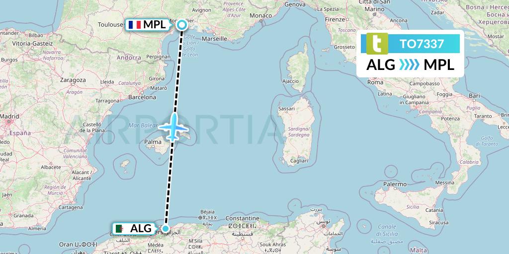TO7337 Transavia France Flight Map: Algiers to Montpellier