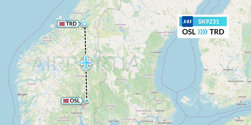 SK9231 SAS Flight Map: Oslo to Trondheim