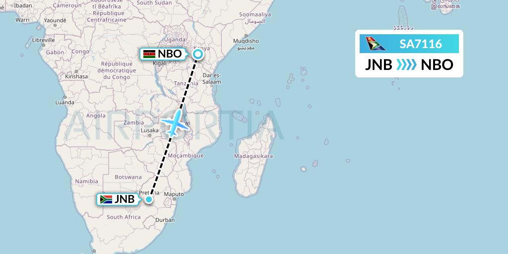 SA7116 South African Airways Flight Map: Johannesburg to Nairobi