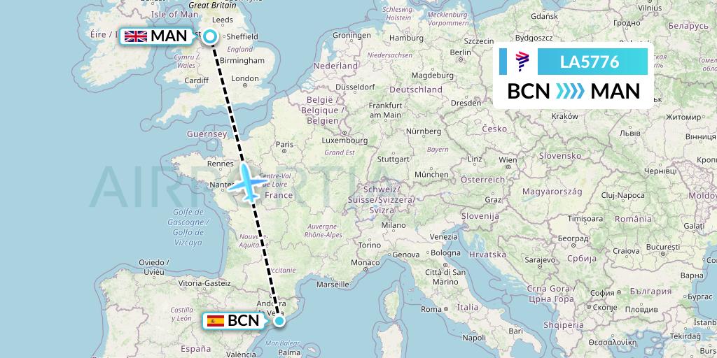 LA5776 LAN Airlines Flight Map: Barcelona to Manchester