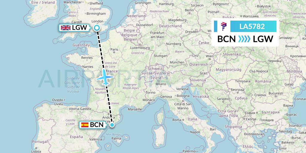 LA5782 LAN Airlines Flight Map: Barcelona to London