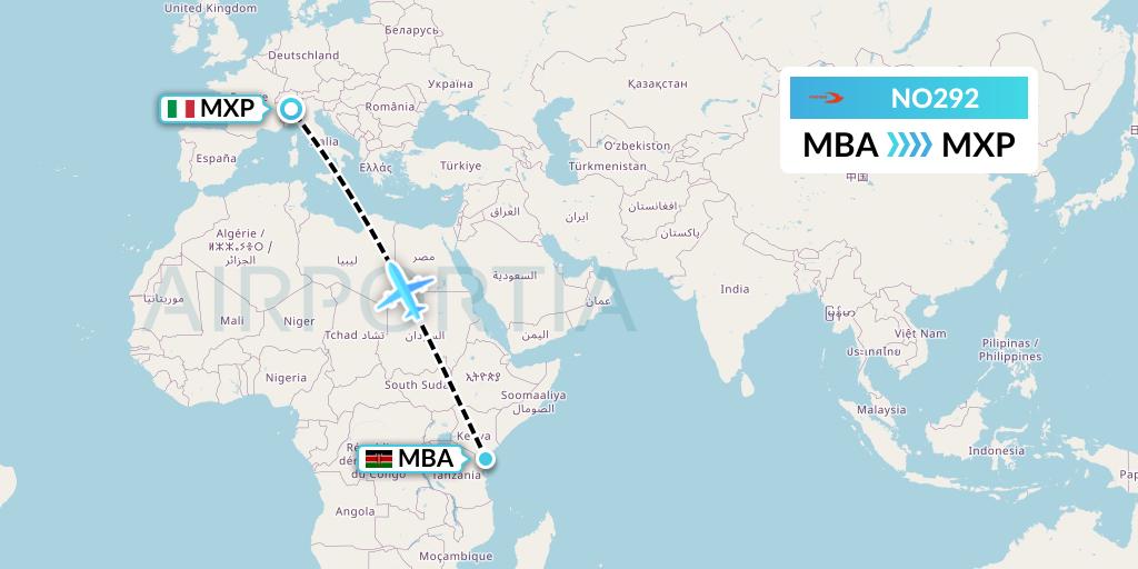NO292 Neos Flight Map: Mombasa to Milan