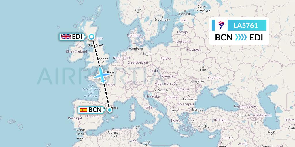 LA5761 LAN Airlines Flight Map: Barcelona to Edinburgh