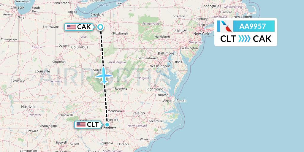 AA9957 American Airlines Flight Map: Charlotte to Akron