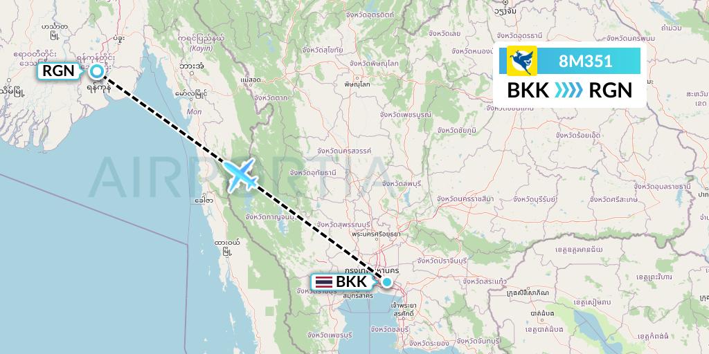 8M351 Myanmar Airways International Flight Map: Bangkok to Yangon