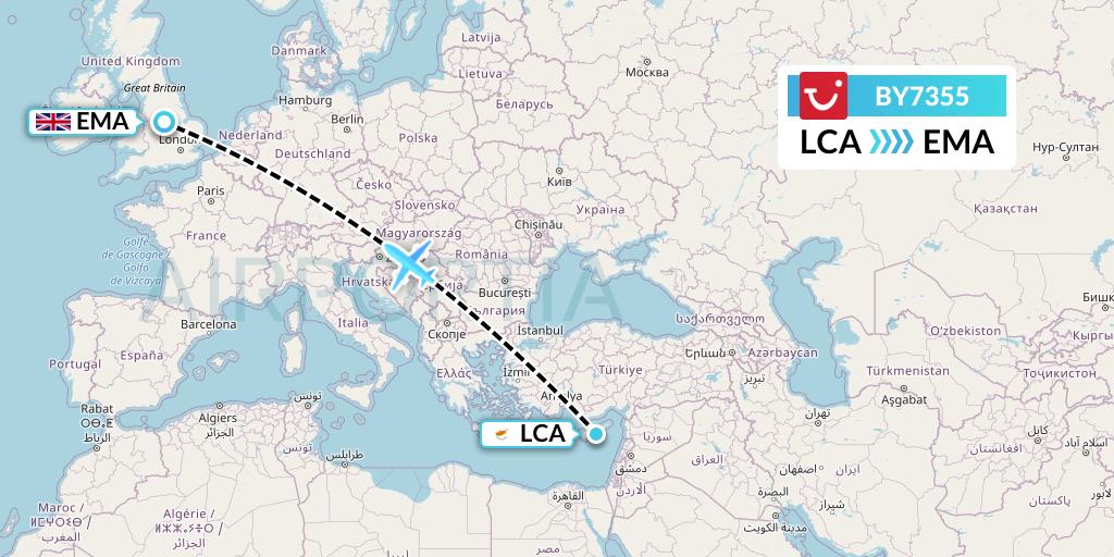 BY7355 TUI Airways Flight Map: Larnaca to East Midlands