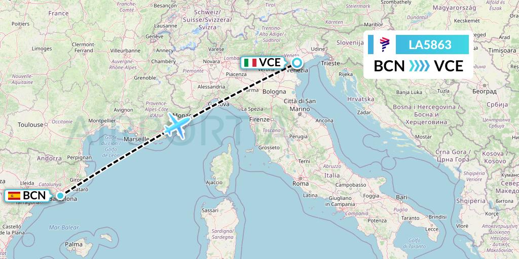 LA5863 LAN Airlines Flight Map: Barcelona to Venice