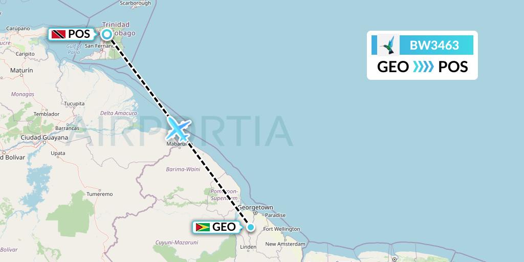 BW3463 Caribbean Airlines Flight Map: Georgetown to Port of Spain
