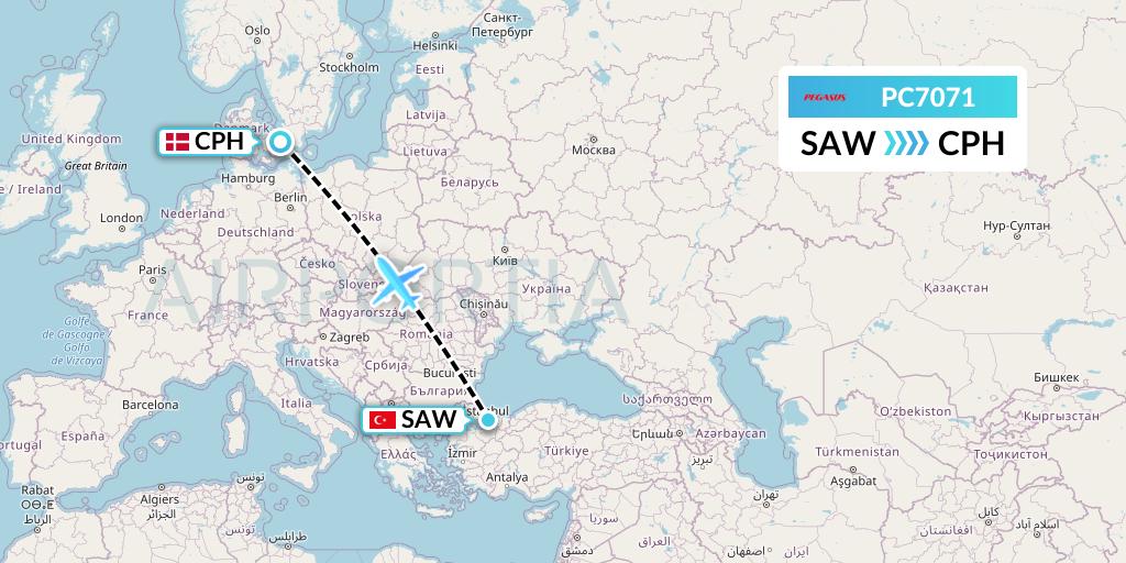 PC7071 Pegasus Airlines Flight Map: Istanbul to Copenhagen