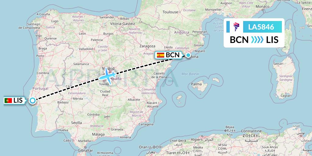 LA5846 LAN Airlines Flight Map: Barcelona to Lisbon