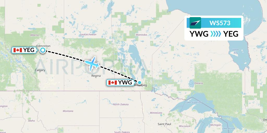 WS573 WestJet Flight Map: Winnipeg to Edmonton