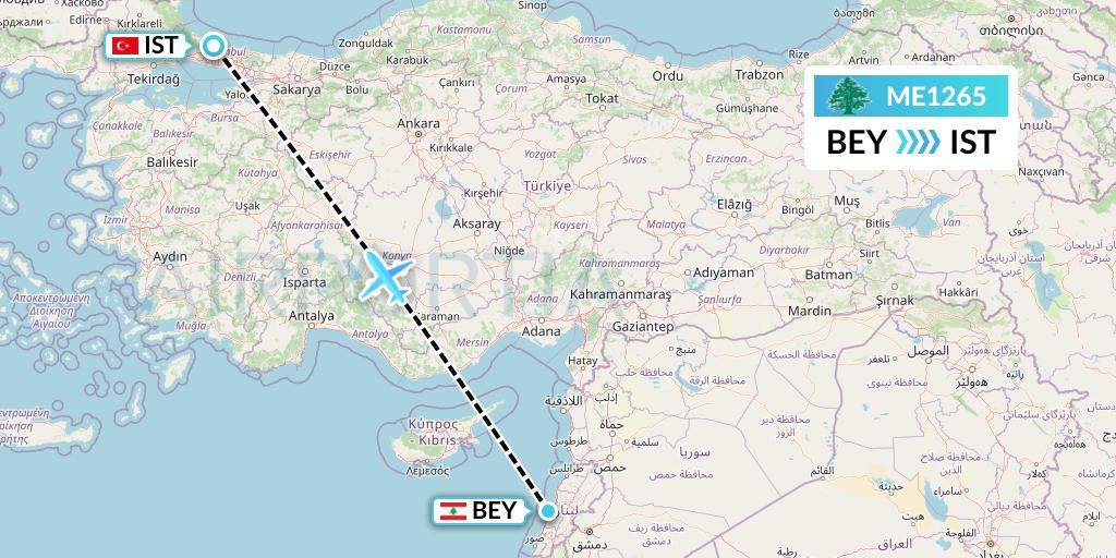 ME1265 MEA Flight Map: Beirut to Istanbul