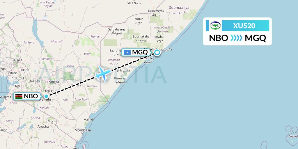 XU520 African Express Airways Flight Map: Nairobi to Mogadishu