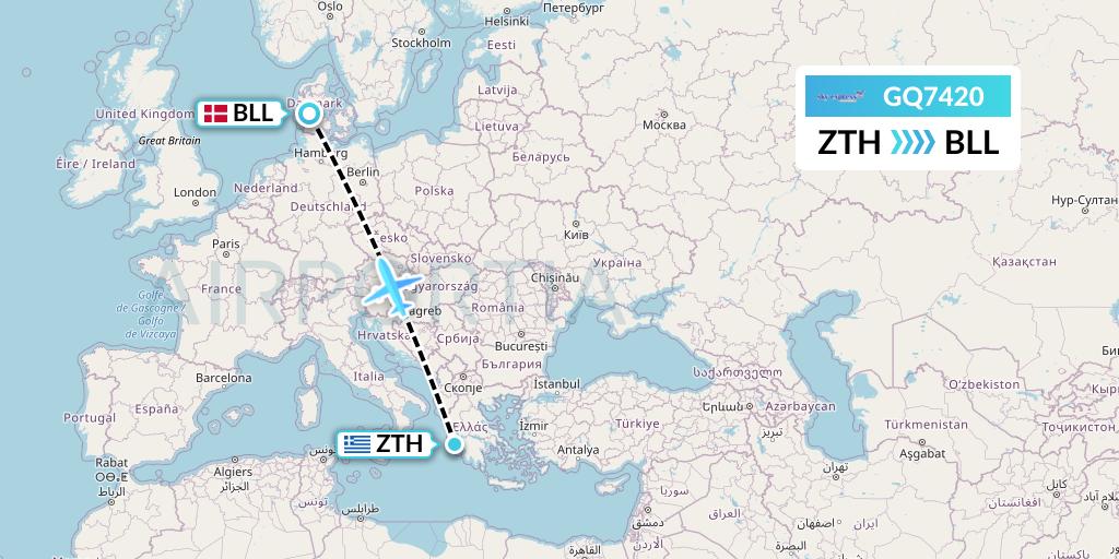 GQ7420 Sky Express (Greece) Flight Map: Zakynthos to Billund