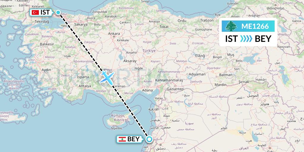ME1266 MEA Flight Map: Istanbul to Beirut