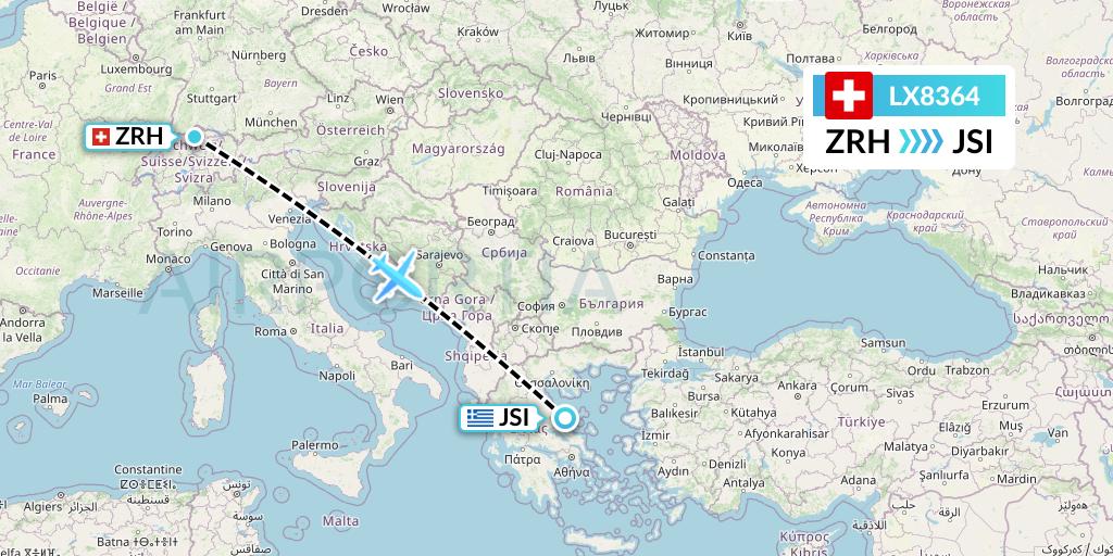 LX8364 Swiss Flight Map: Zurich to Skiathos
