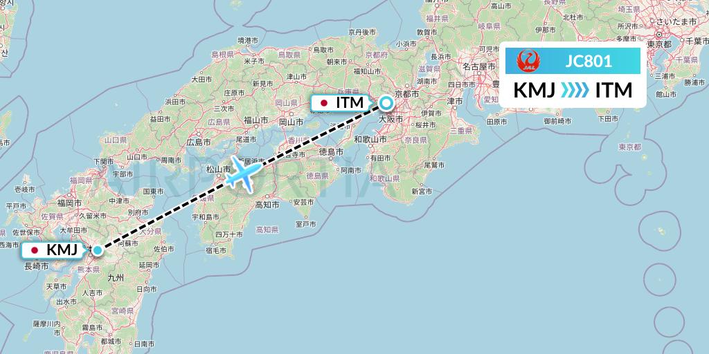 JC801 Japan Air Commuter Flight Map: Kumamoto to Osaka