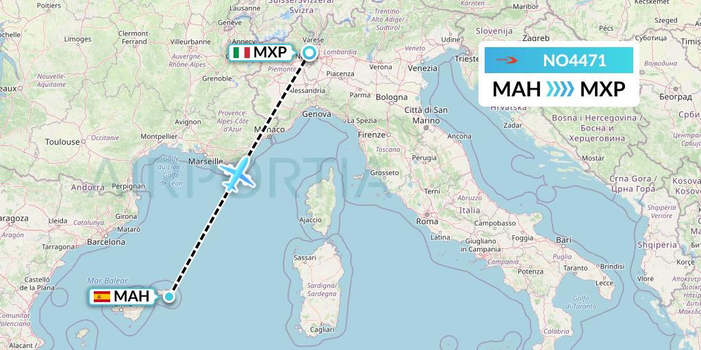NO4471 Neos Flight Map: Mahon to Milan