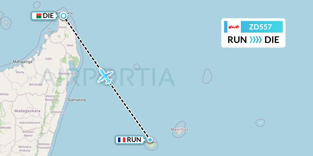 ZD557 EWA Air Flight Map: Saint-Denis to Madagascar